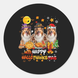 Sticker Rond Chien Shetland Sheepdog Happy Halloween Thanksgivi