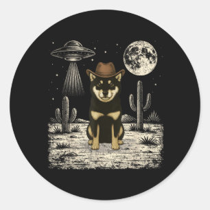 Sticker Rond Chien Shiba Inu Cowboy Occidental Drôle Ufo