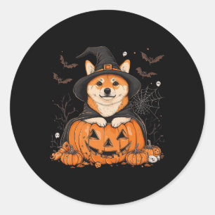Sticker Rond Chien Shiby Inu Citrouille Halloween Thanksgiving