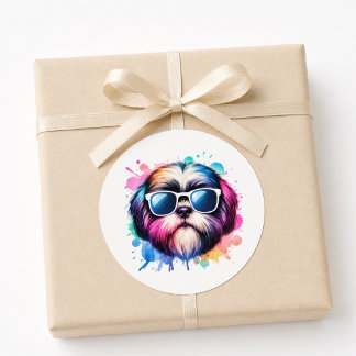 Sticker Rond Chien Shih Tzu Cool Aquarelle Portant des Lunettes
