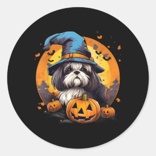 Sticker Rond Chien Shih Tzu Sorcière Halloween Effrayant