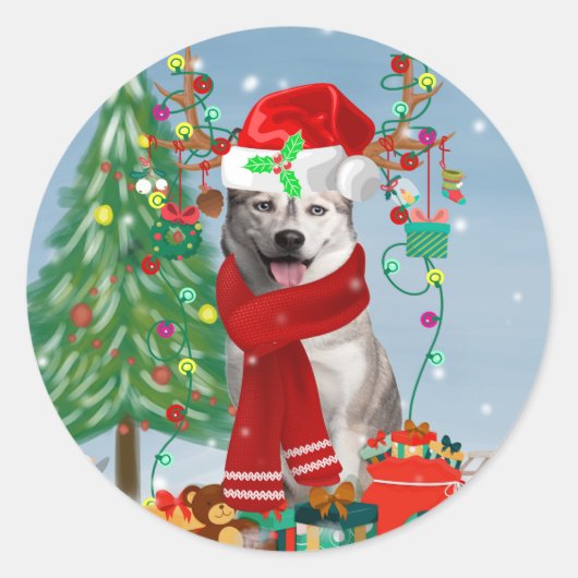 Sticker Rond Chien sibérien Husky à Noël de neige (Devant)