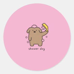 Sticker Rond Chien sous la douche Brun Caniche Heure du bain Ka