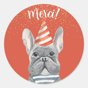 Sticker Rond Chien-taureaux Français Avec Casquette De Fête Mer