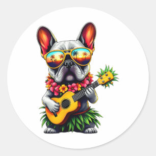 Sticker Rond Chien-taureaux français d'Hawaï & Ananas Ukule