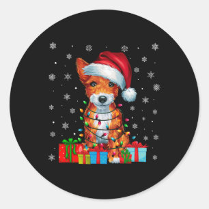 Sticker Rond Chien Vilain Noël Lumières Santa Hat Toy Fox Terri