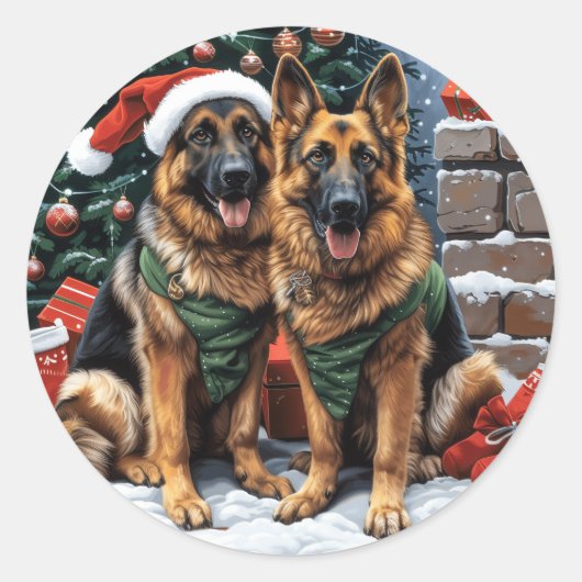 Sticker Rond Chiens bergers allemands de Noël (Devant)