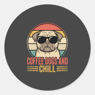 Sticker Rond Chiens de café et Pug Rétro Chill