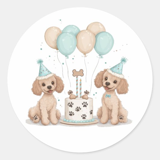 Sticker Rond Chiens de caniche normaux d'anniversaire (Devant)
