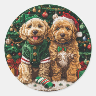 Sticker Rond Chiens de chiot de Noël Goldendoodle