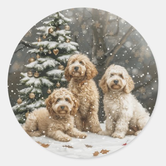 Sticker Rond Chiens de chiot de Noël Goldendoodle (Devant)