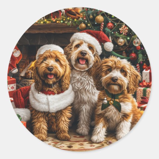 Sticker Rond Chiens de chiot de Noël Goldendoodle (Devant)
