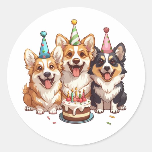 Sticker Rond Chiens de Corgi d'anniversaire (Devant)