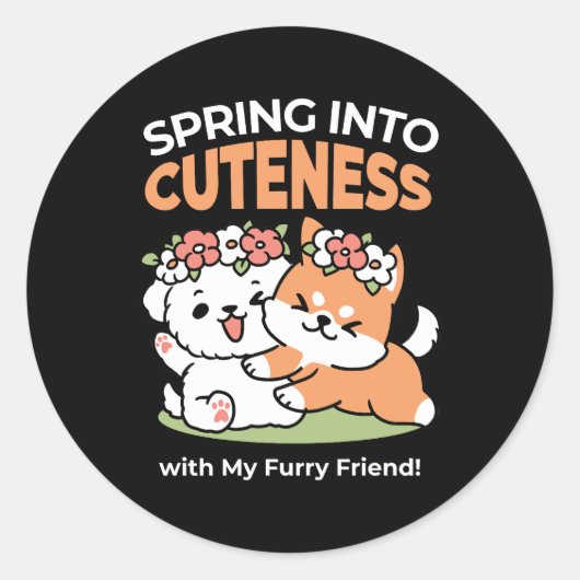 Sticker Rond Chiens de jeu avec Flower Crowns - Fun Spring Them (Devant)
