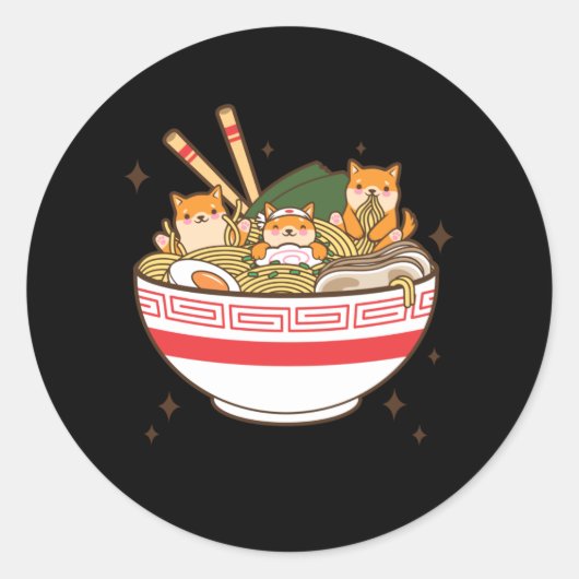 Sticker Rond Chiens de Kawaii mangeant Ramen (Devant)