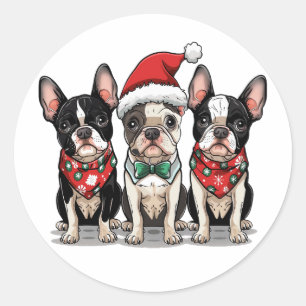 Sticker Rond Chiens de Noël Boston Terrier