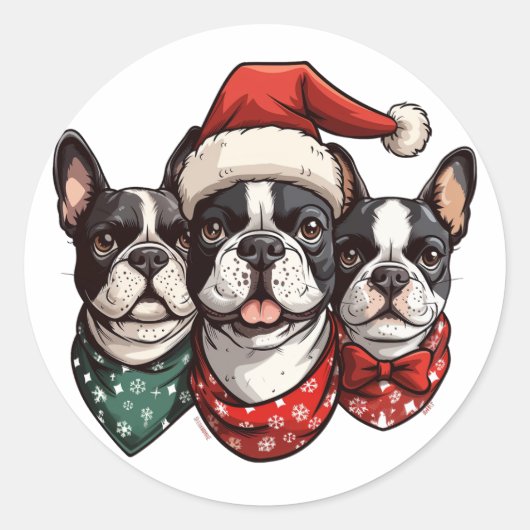 Sticker Rond Chiens de Noël Boston Terrier (Devant)