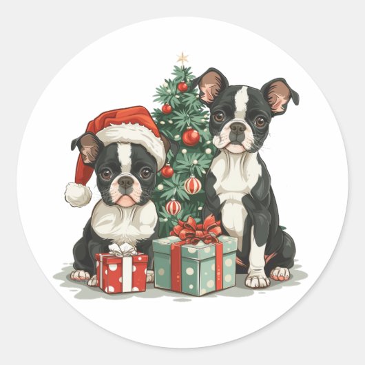 Sticker Rond Chiens de Noël Boston Terrier (Devant)