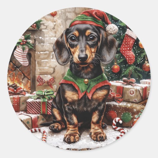 Sticker Rond Chiens de Noël Elf Dachshund (Devant)