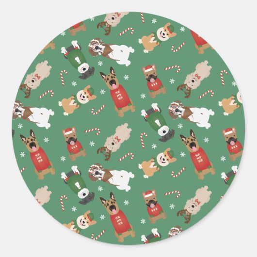 Sticker Rond Chiens de Noël Motif Rouge Vert (Devant)