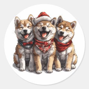 Sticker Rond Chiens de Noël Shiba Inu Père Noël