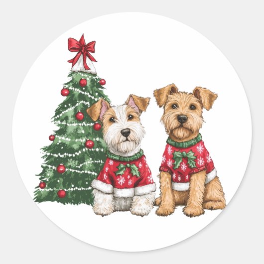 Sticker Rond Chiens de Noël Welsh Wire Fox Terrier (Devant)