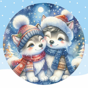 Sticker Rond Chiens d'hiver doux Chiens Husky Chiots Noël 20 Ph