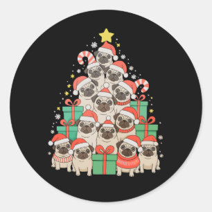 Sticker Rond Chiens Pug Arbre de Noël Xmas Papa Maman Famille
