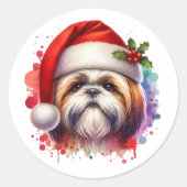 Sticker Rond Chih Tzu Chien à Santa Hat Noël (Devant)
