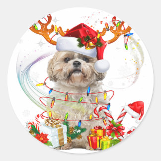 Sticker Rond Chih Tzu Christmas Reindeer | Lumières de Noël