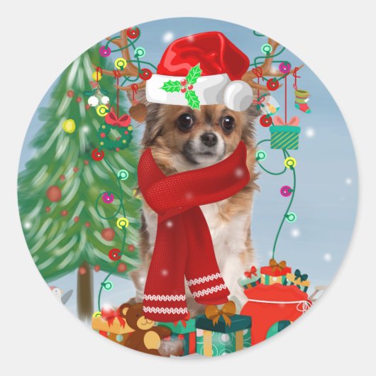 Sticker Rond Chihuahua Chien en neige avec cadeaux de Noël (Devant)