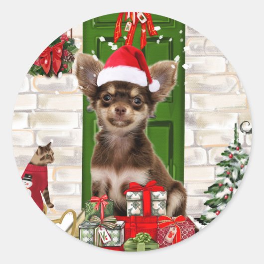 Sticker Rond Chihuahua Chien Noël (Devant)