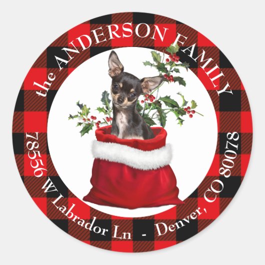 Sticker Rond Chihuahua Chien Noir Tan Plaid Cadre (Devant)