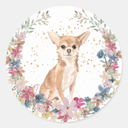 Sticker Rond Chihuahua Fleurs de printemps Chien Wreath (Devant)