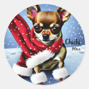 Sticker Rond Chihuahua Noël, Chien Père Noël