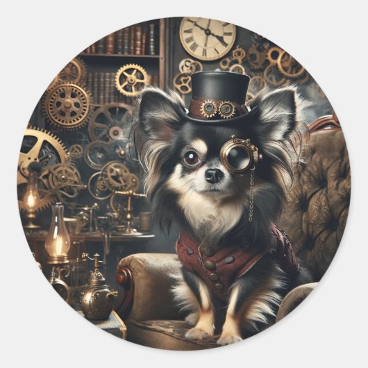 Sticker Rond Chihuahua Steampunk noir et blanc aux cheveux long (Devant)