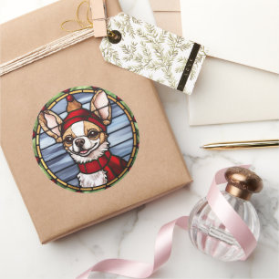 Sticker Rond Chihuahua Vitrail de Noël