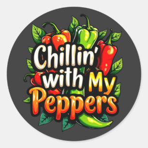 Sticker Rond Chillin' avec mes poivrons - Graphisme chili color