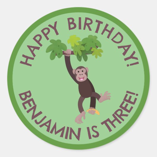 Sticker Rond Chimpanzé mignon dans la jungle anniversaire perso (Devant)