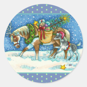 STICKER ROND CHINCOTEAGUE NOËL PONIES, BELLES ET JOUETS SLEIGH
