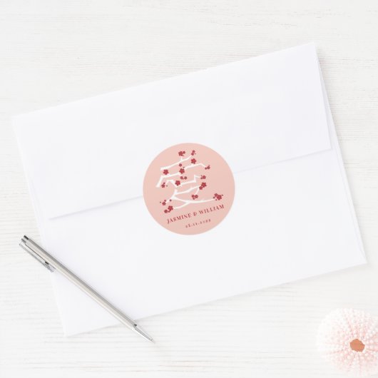 Sticker Rond Chinois Ai Love Rouge Cerise Fleurs Fiançailles Cl (Enveloppe)