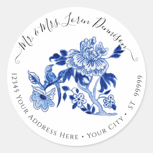 Sticker Rond Chinoiserie Floral Foliage Blue White Bird Wedding (Devant)