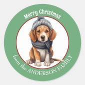 Sticker Rond Chiot beagle en Écharpe d'hiver et Noël Casquette (Devant)