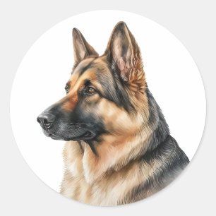 Sticker Rond Chiot Berger Allemand Mignon Chien Aquarelle