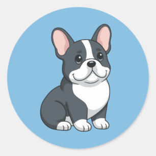 Sticker Rond Chiot Bouledogue Français Noir Mignon sur Fond Ble