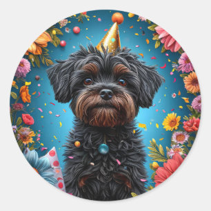Sticker Rond Chiot Chapeau d'Anniversaire Adorable