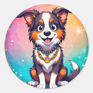 Sticker Rond Chiot de dessin animé adorable avec des yeux brill