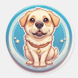 Sticker Rond Chiot de dessin animé joueur assis