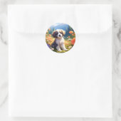 Sticker Rond Chiot et fleurs (Sac)