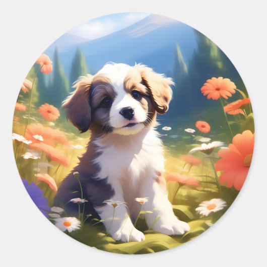 Sticker Rond Chiot et fleurs (Devant)